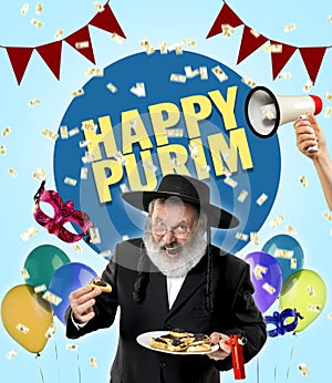 Contemporary art collage with portrait of happy senior orthodox jewish man during festival purim. Holiday, celebration