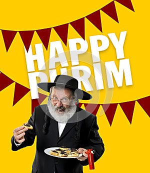 Contemporary art collage with portrait of happy senior orthodox jewish man during festival purim. Holiday, celebration