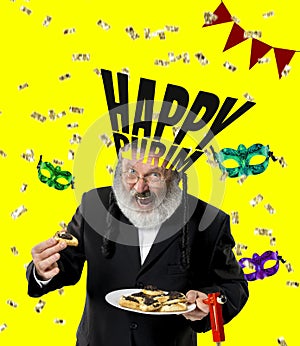 Contemporary art collage with portrait of happy senior orthodox jewish man during festival purim. Holiday, celebration