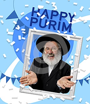 Contemporary art collage with portrait of happy senior orthodox jewish man during festival purim. Holiday, celebration