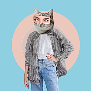 Contemporary art collage. Portrait of woman with cat head and sexy human eyes. Modern design lifestyle, surrealism, magazine style