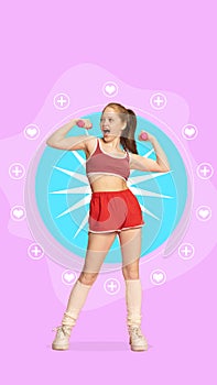 Contemporary art collage. Pretty smiling girl dressed sporty doing exercises for muscles with dumbbells surrounded