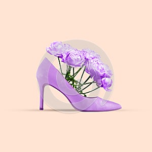 Contemporary art collage. Purple, lavender color heel stand full of blooming flowers. Idea of beauty and femininity.