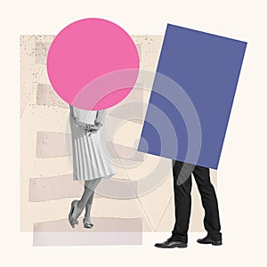 Contemporary art collage of retro couple on pastel background with speech bubble, copy space. Concept of romance