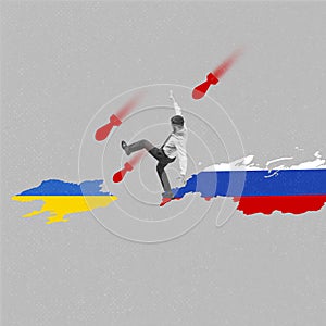 Contemporary art collage. Russian attacks Ukraine with bombs. Stop war