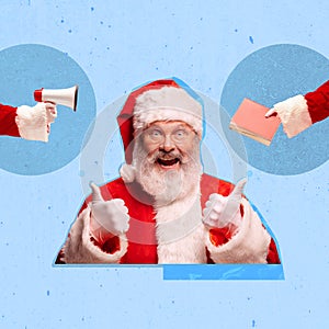 Contemporary art collage. Santa Claus congrats on happy New Year and Merry Christmas isolated on light background