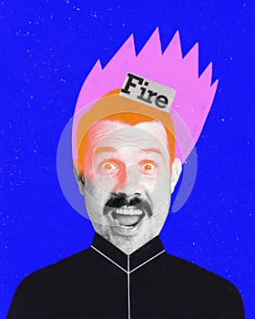 Contemporary art collage with screaming man, office worker with burning hair with fire over blue background. Burning out