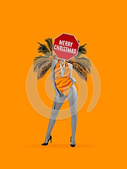 Contemporary art collage. Slim young woman in swimsuit headed of traffic sign Merry Christmas. Surrealism.