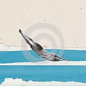 Moderno arte. giocoso giovane uomo immersione fatto a pezzi Acqua Attraverso polvere 