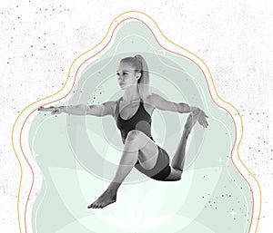 Contemporary art collage of sportive young woman practising yoga, doing body stretching exercises isolated over white