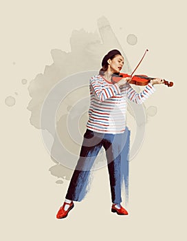 Contemporary art collage. Stylish, beautiful young woman playing violin. Pastel color background. Live performance