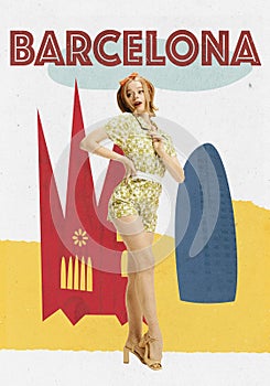 Contemporary art collage. Stylish young woman with background of famous spanish architecture. Vacation in barcelona