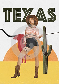 Contemporary art collage. Stylish young woman in texas with bull and cactus on background. Rodeo fun