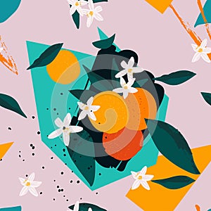 Contemporary art collage of tropical leaves, orange fruit, flowers and geometric forms. Summer Seamless pattern.