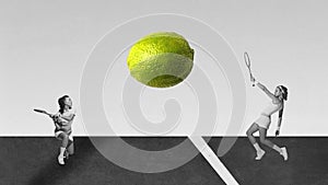 Contemporary art collage with two beautiful girls playing tennis and using lime instead of ball over black and white