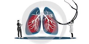 Contemporary art collage. Two doctors examine blue and red lungs with stethoscope, shows lung health checks and photo