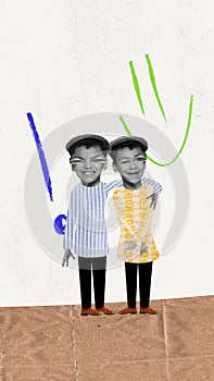 Contemporary art collage with two funny boys, siblings with hands on each other& x27;s shoulders over white background