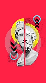 Contemporary art collage. Two halves of classical busts against yellow half-circle on bright red background, accented