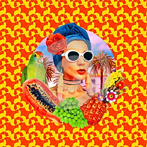 Contemporary art collage. Vacation fashion Lady Cuba Beach Style