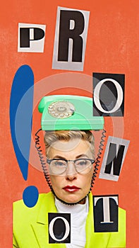 Contemporary art collage. Woman with phone on her head. Concept of education, studying foreign languages, social media