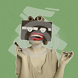 Contemporary art collage. Woman with retro cassete head and hair curlers doing makeup isolated over green background