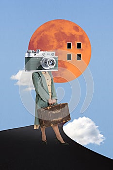 Contemporary art collage. Woman in retro-styled cloth with vintage camera head and suitcase. Time for travelling