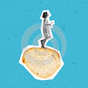 Contemporary art collage woman standing on delicious French dessert - eclaire isolated over blue background. Retro style