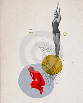 Contemporary art collage. Woman in swimming suits diving into sea. Summertime holiday.
