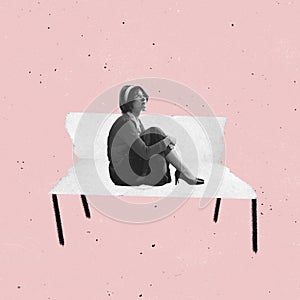 Contemporary art collage of woman in vintage suit sitting on paper bench isolated over pink background. Grunge effect