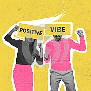 Contemporary art collage of young cheerful couple spreading positive vibe isolated over yellow background