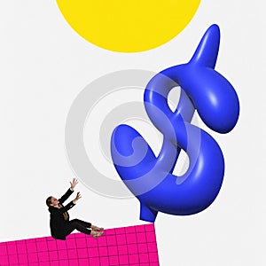 Contemporary art collage with young girl and 3D element of dollar sign. Concept of business, personal career, ad, sales