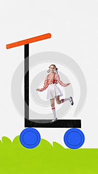 Contemporary art collage with young girl with pigtails standing on big scooter and smiling over white background with
