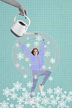 Contemporary art collage. Young happy girl having fun, jumping under white drawn snowflakes