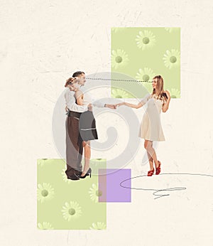 Contemporary art collage. Young man hugging woman and reaching with hand another woman. Cheating, unfaithfulness photo