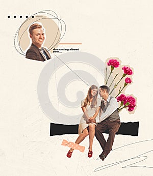 Contemporary art collage. Young man and woman having romantic date. Girl dreaming about another person