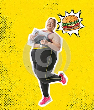 Contemporary art collage. Young plus-size woman wearing sport uniform and junk food isolated on yellow neon background
