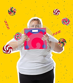 Contemporary art collage. Young plus-size woman wearing sport uniform and junk food isolated on yellow neon background