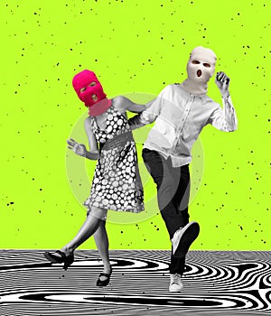 Contemporary art collage. Young stylish couple, man and woman dressed in retro style, wearing balaclavas and dancing photo
