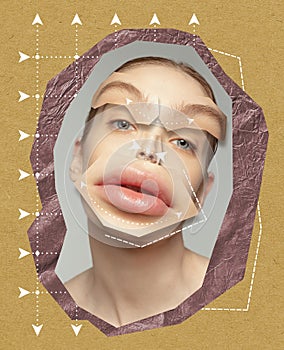 Contemporary art collage. Young woman with big brows and giant lips. Lip augmentation, anti-wrinkles fillers