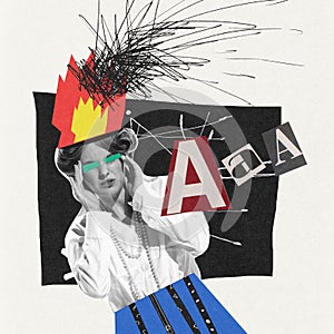 Contemporary art collage. Young woman, employee having burning deadlines. Time management
