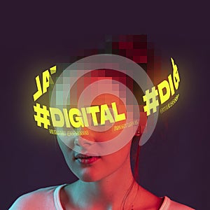 Contemporary art collage. Young woman with half pixel head surrounded by neon digital lettering isolated over dark