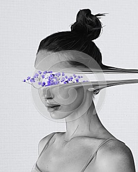 Contemporary art collage. Young woman in monochrome filter with violet flowers instead of eyes symbolizing passivity and