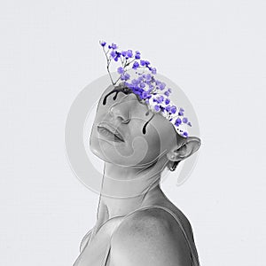 Contemporary art collage. Young woman in monochrome filter with violet flowers growth from eyes symbolizing passivity