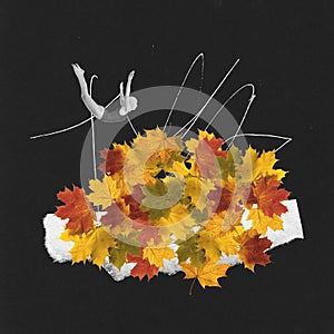Moderní umění koláž. mladá žena v plavání oblek potápění vícebarevný podzim listy. pokles sezóna 