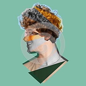 Contemporary art colllage of male head with different face pieces isolated over green background. Concept of gender