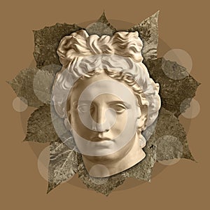 Contemporary art concept collage with antique statue head in a surreal style. Modern unusual art.