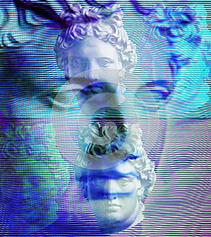 Contemporary art concept collage with antique statue head in a zine culture style. Glitch effect, textured.
