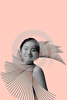 Contemporary art. Creative design. Young asian woman covered with line art isolated over pink background