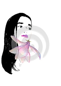 Contemporary art fashion woman portrait. Beautiful female face with pink lips and magnolia flower