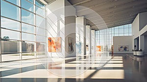 Contemporary art gallery with beautiful bright modern paintings displayed on minimalist white walls. Sunlight penetrates in